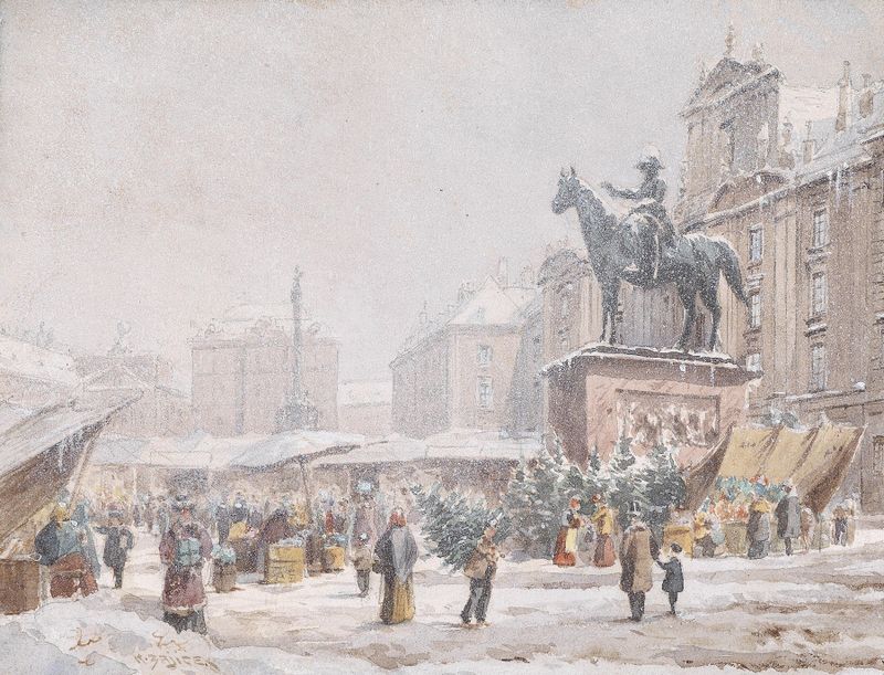 Genre scene depicting a market with stalls and lanterns by Karl Wenzel Zajicek, oil painting.
