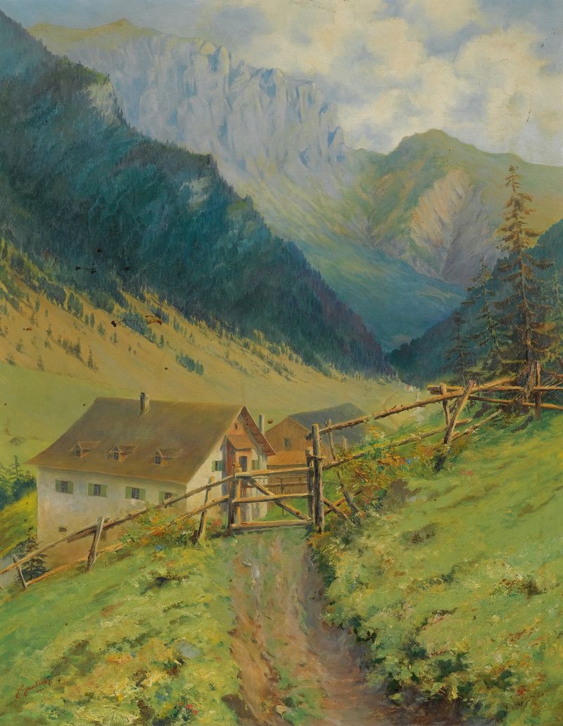Figurative artwork by Hans Gantner, oil painting depicting a figure in a dreamlike landscape.