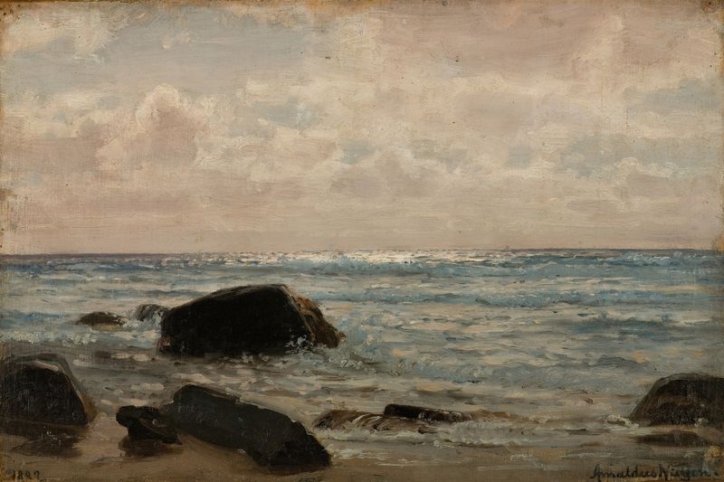 Paisaje de colinas onduladas y cielo en pintura al óleo de Amaldus Nielsen