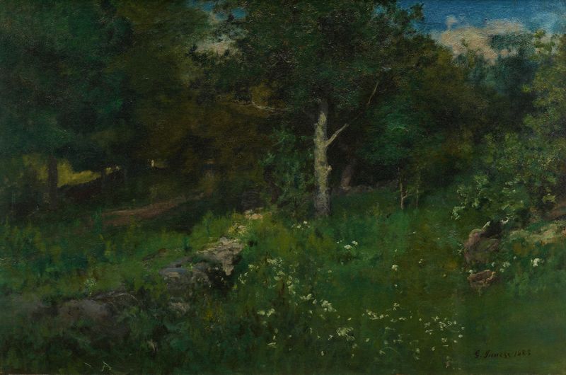 Summer Foliage de George Inness, óleo sobre tela que retrata um vibrante dossel verde e folhas cintilantes
