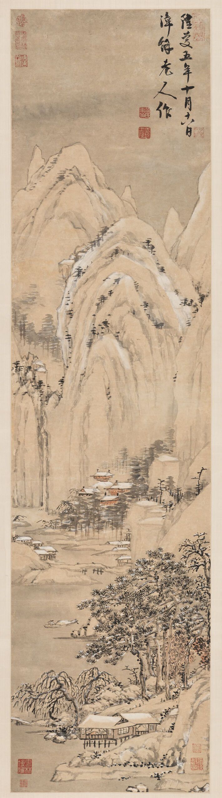 Paisaje nevado con montañas y árboles, papel de Yue Dai