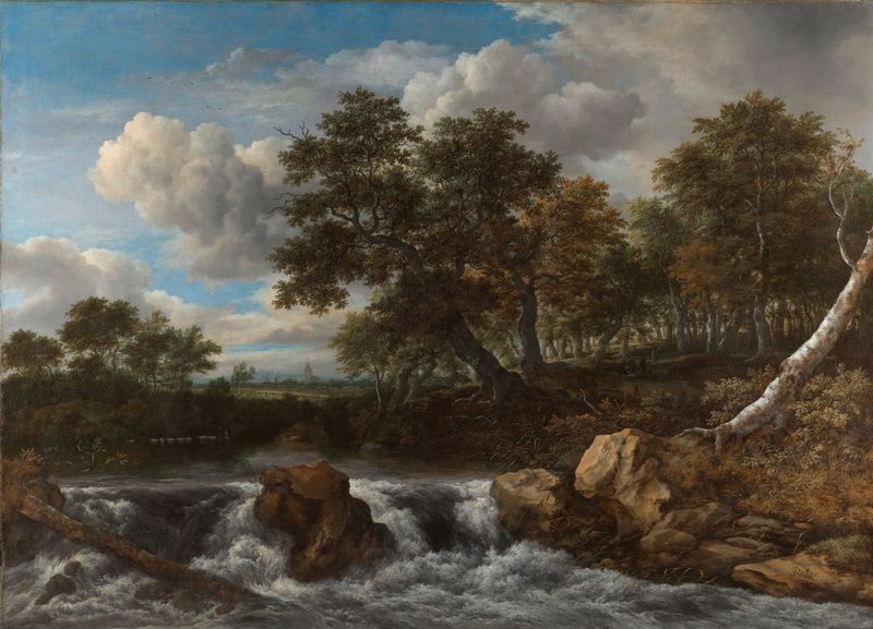 Landscape with Waterfall by Jacob van Ruisdael, oil painting depicting a waterfall and lush forest.