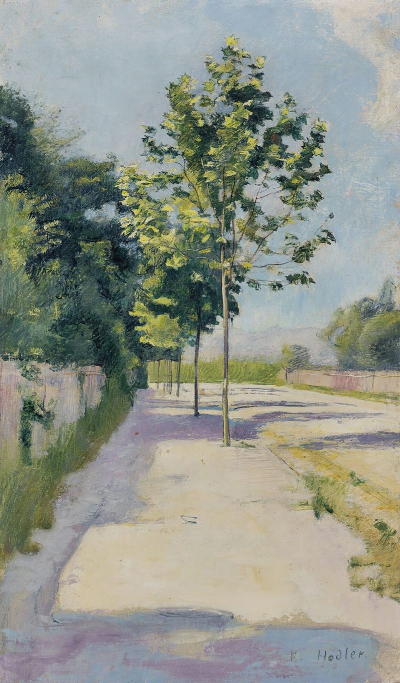 Street Of St. Georges by Ferdinand Hodler, oil painting depicting a decaying urban landscape with trees.