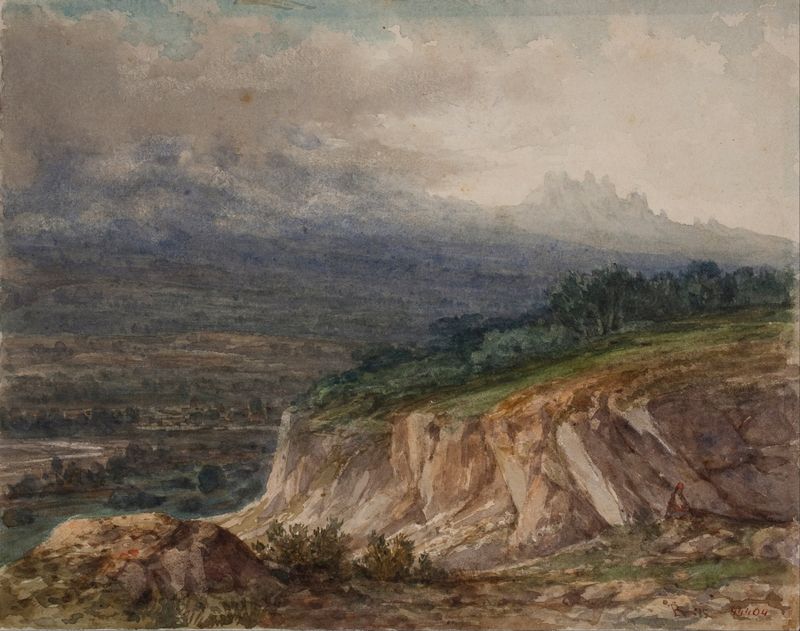 Landscape by Lluís Rigalt, oil on canvas depicting a tranquil sky and horizon.