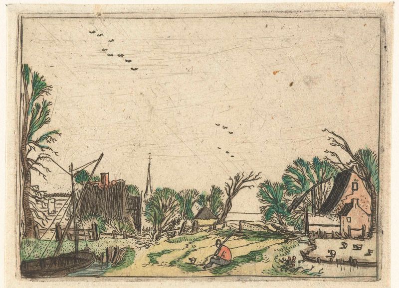 Grabado de Esaias van de Velde que representa un paisaje de pueblo con tonos suaves