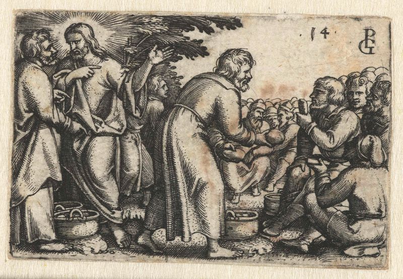 Gravura de Georg Pencz representando um banquete religioso com uma multidão e cores ricas