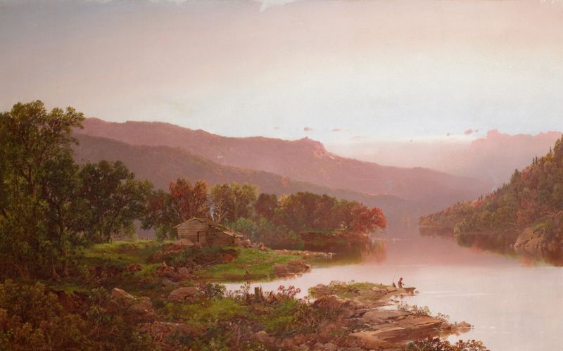 Fishing in the Cove, oil painting by William Louis Sonntag, depicting autumn landscape with water and trees.