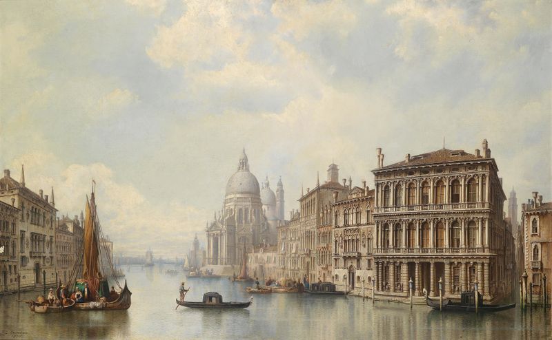 Landscape depicting tranquil waters at dawn by Ludwig Hermann, oil painting