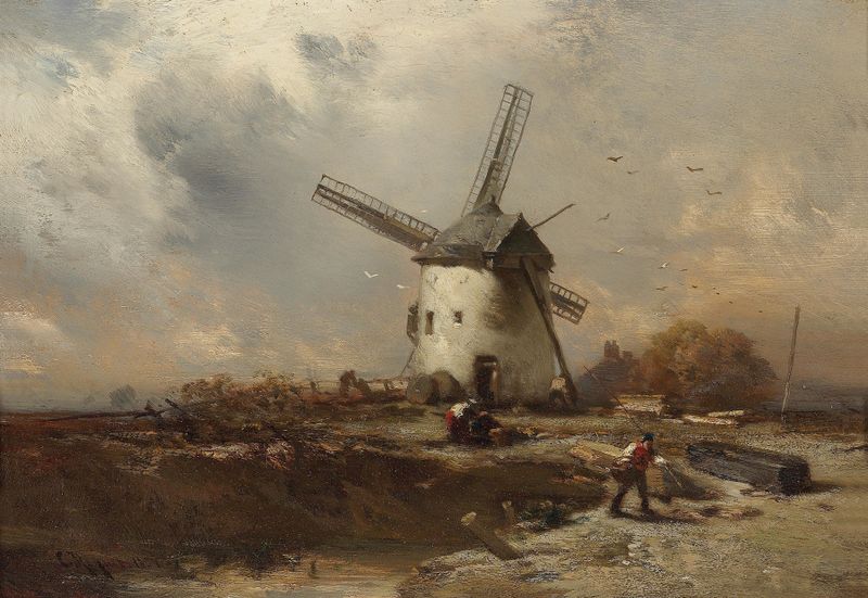 Landscape with windmills and figures, oil on canvas by Charles Hoguet