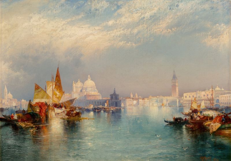 Venetian Scene de Thomas Moran, pintura a óleo que retrata canais e arquitetura ao pôr do sol