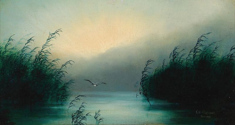 Seagull in reeds, oil painting by Karl Wilhelm Diefenbach
