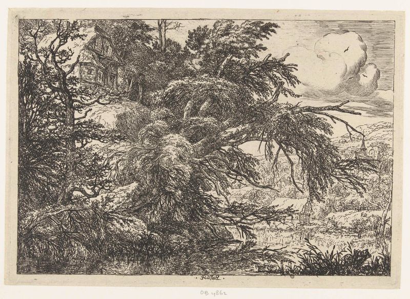 Grabado de Jacob Isaacksz van Ruisdael que muestra una granja en una colina.
