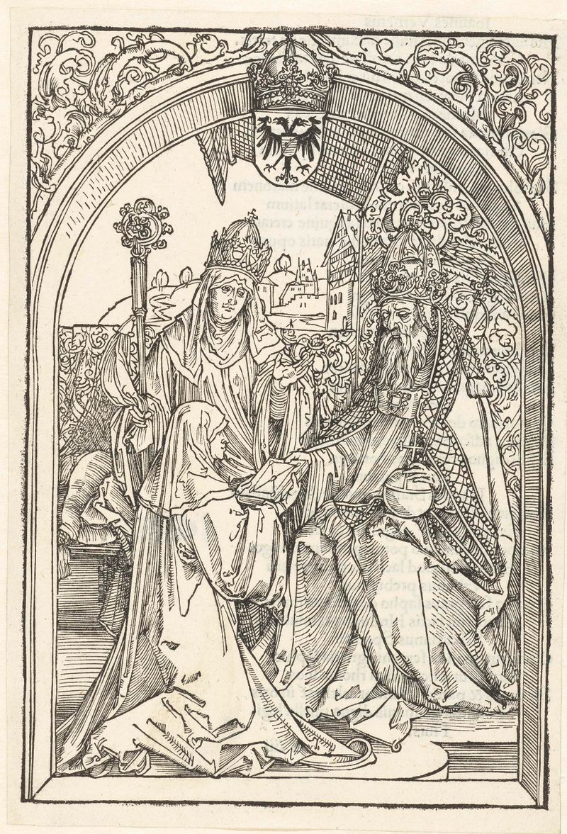 Xilogravura de Albrecht Dürer mostrando Roswitha apresentando um livro ao imperador Otto I