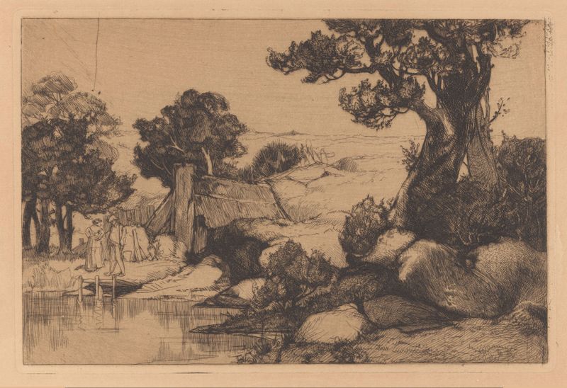 Landschap met man en vrouw aan oever by Johannes Josephus Aarts, oil painting depicting a couple by a river