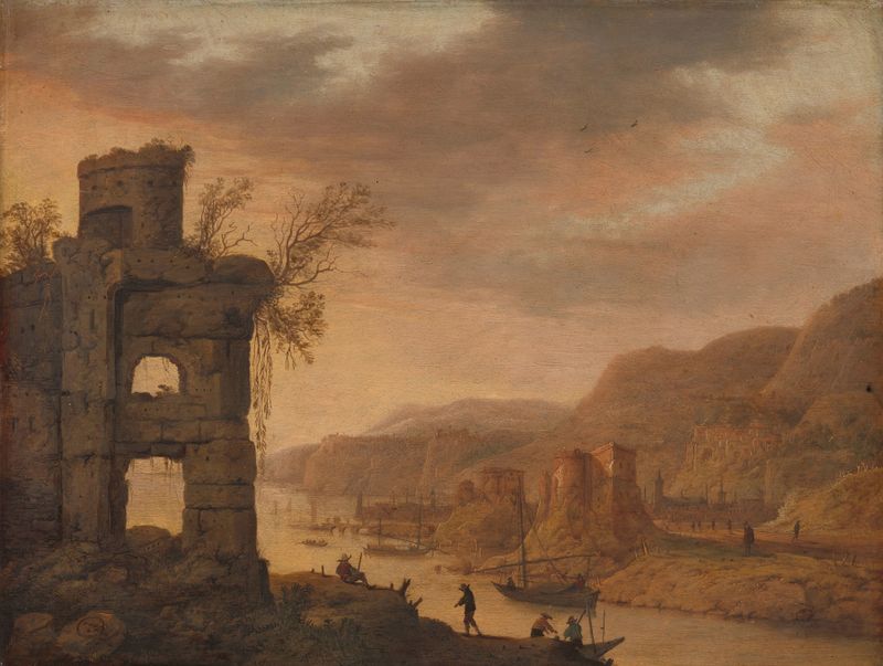 Paisaje fluvial de Dirck Verhaert, que representa aguas serenas y reflejos, pintura al óleo.