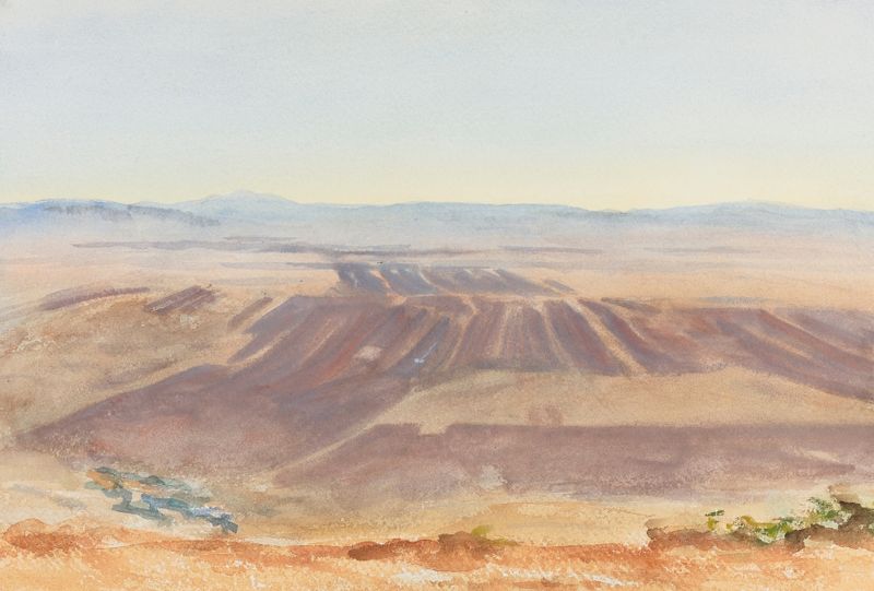 Paisagem de John Singer Sargent, pintura a óleo que retrata colinas suaves e luz quente.