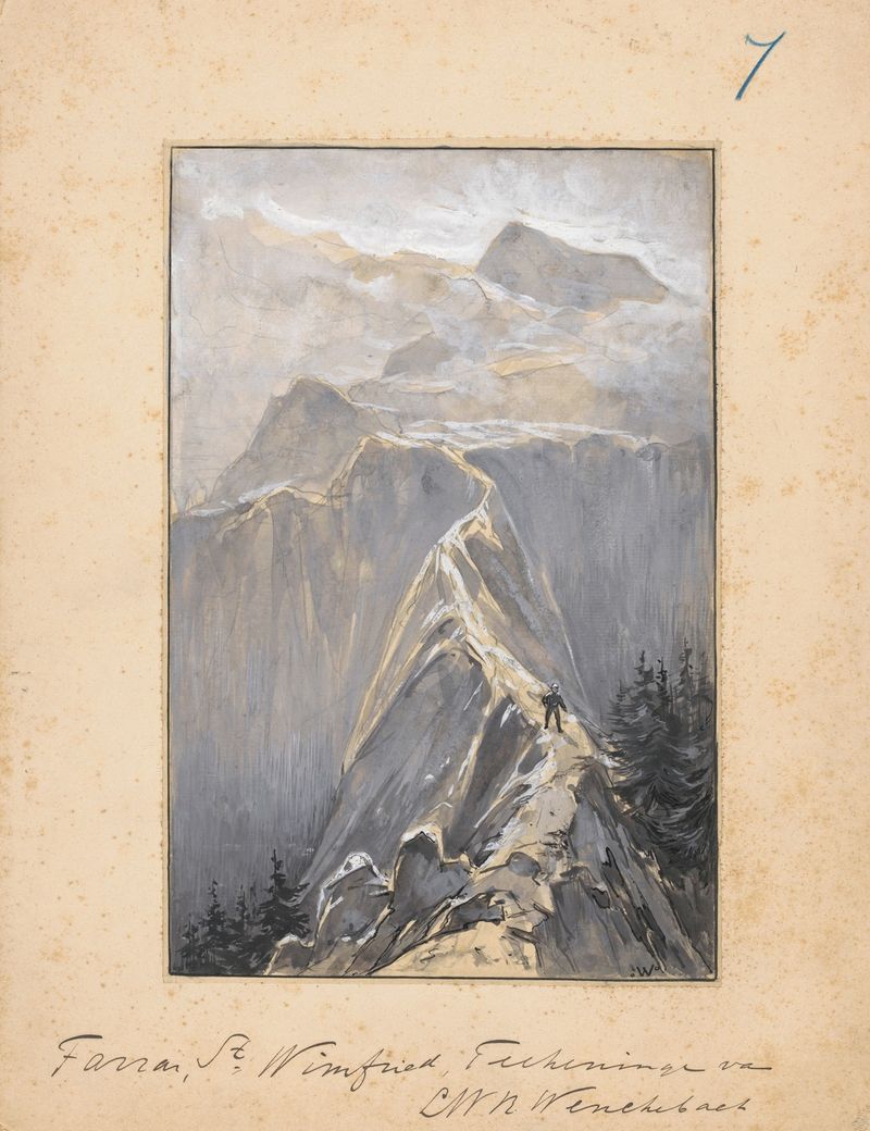 Una figura solitaria camina por un sendero montañoso en una pintura al óleo de Willem Wenckebach.