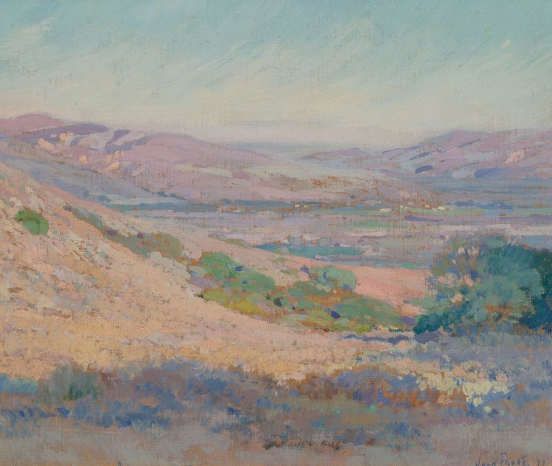 Pintura al óleo de paisaje de John Frost que representa caminos sinuosos bajo un vasto cielo.