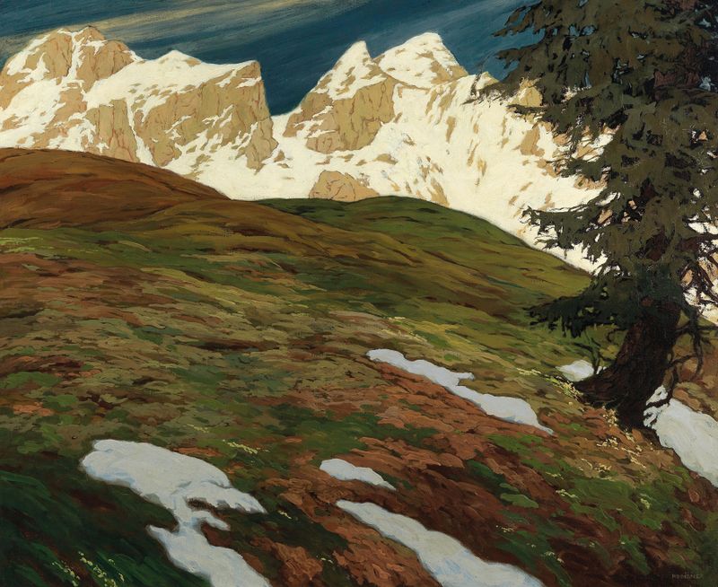 Springtime in the mountains, oil on canvas by Hugo Hodiener, depicting vibrant spring colors and mountainous scenery.