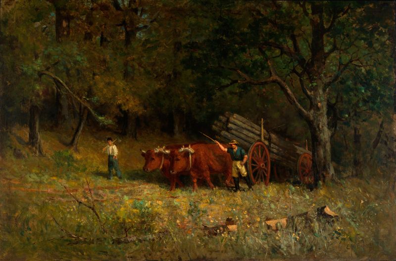 Pintura al óleo de Edward Mitchell Bannister que muestra a un niño y un hombre con bueyes en un paisaje.