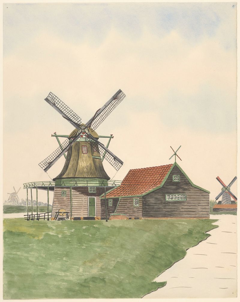 Landscape oil painting by Johannes Nicolaas Eijman featuring a windmill and river