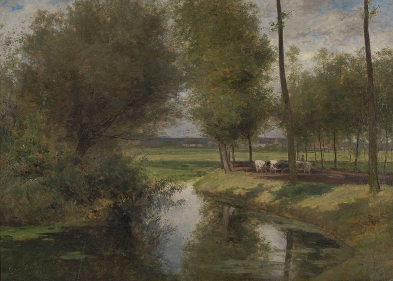 Landscape by César De Cock, oil on canvas depicting a river and lush foliage