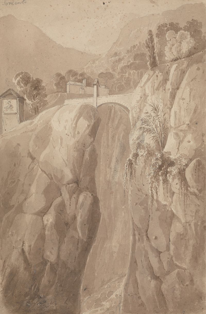 Landscape of Sorrento by Isaac Weld, oil painting depicting serene waters and a pastel sky.