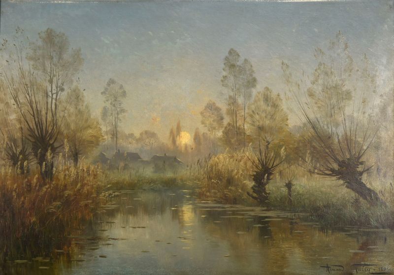 Oil painting by Armand Guéry depicting a river at sunset with golden light reflections.