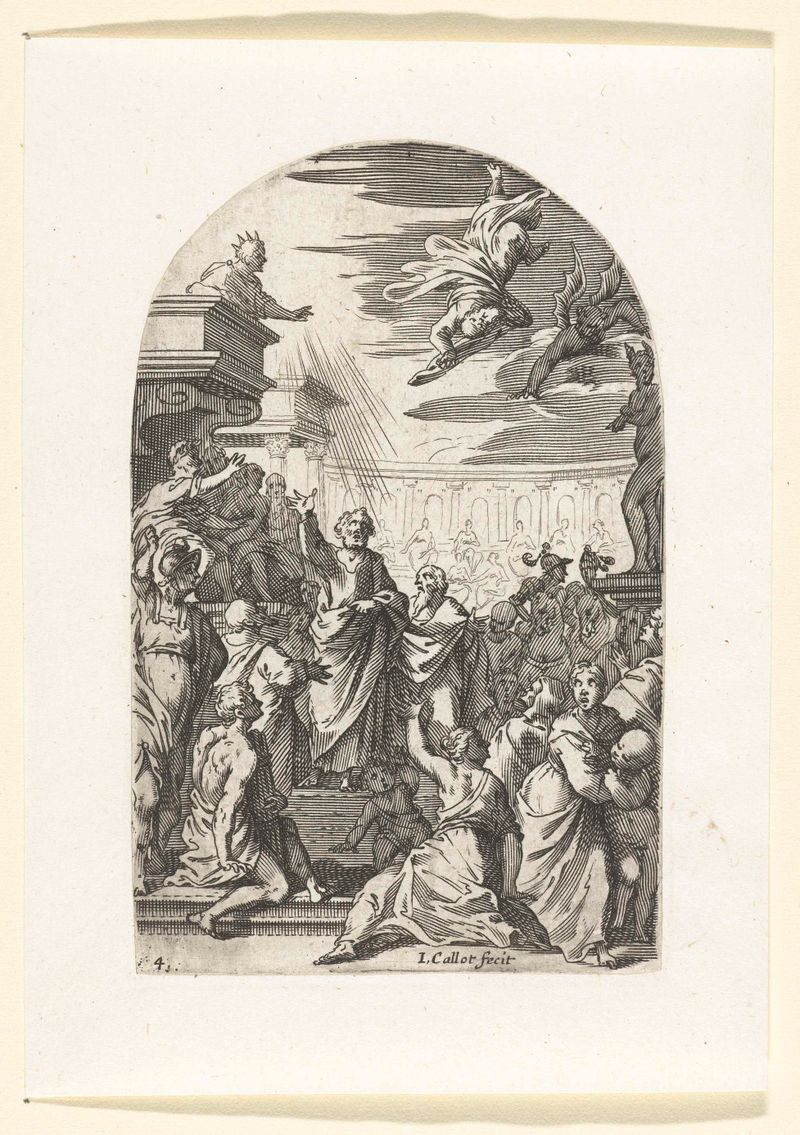 Grabado de Jacques Callot que representa una figura en desesperación en De val van Simon de Tovenaar