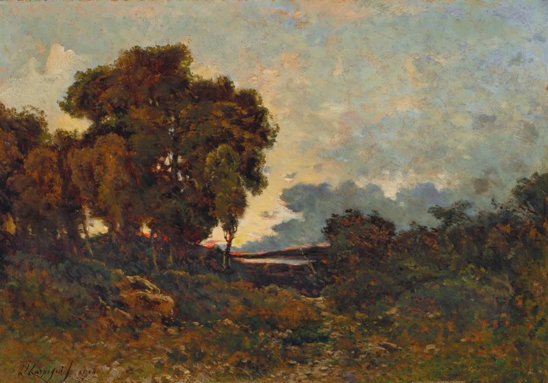 Soleil couchant sur l’Allier, óleo sobre lienzo de Henri-Joseph Harpignies, que representa un atardecer sobre un río.