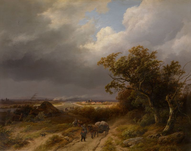 Paisaje cerca de Cleves de Barend Cornelis Koekkoek, pintura al óleo de un bosque con luz filtrada.