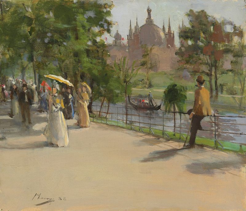 Genre scene of elegantly dressed figures at The Glasgow International Exhibition, oil on canvas by Sir John Lavery.