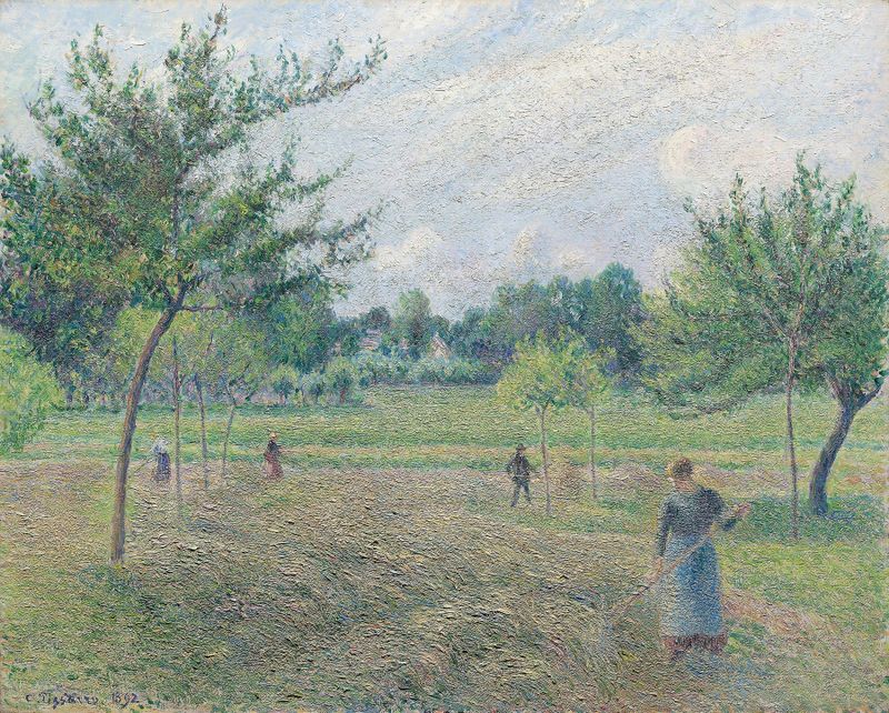Haymaking at Éragny de Camille Pissarro, pintura a óleo que retrata trabalhadores rurais em uma paisagem exuberante.