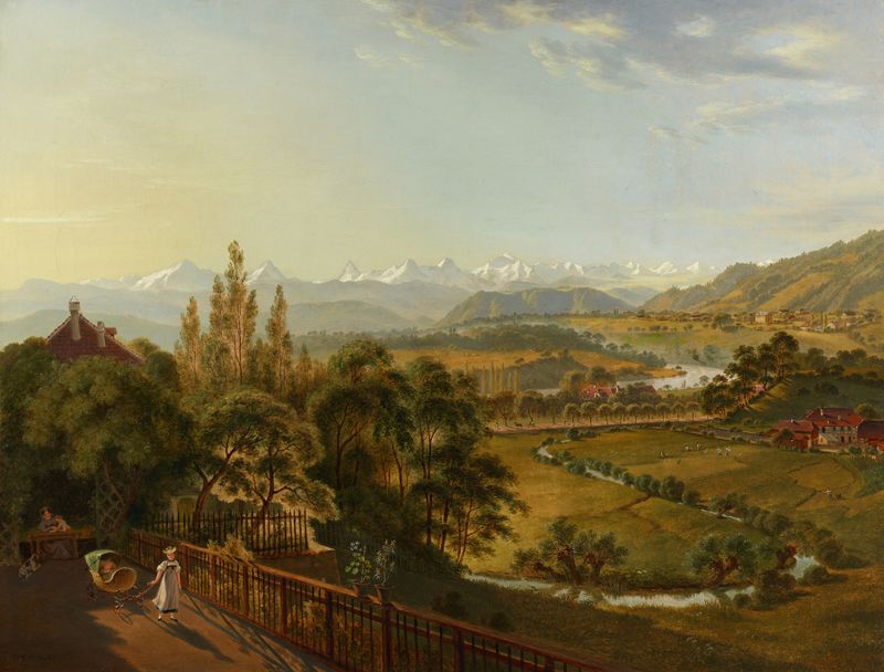 Landscape oil painting by Franz Niklaus König featuring mountains and soft light.