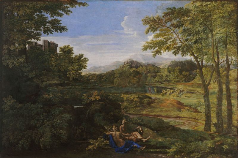Paysage avec deux nymphes et un serpent by Nicolas Poussin, oil painting depicting nymphs in a serene landscape.
