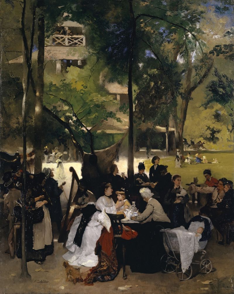 The Chinese Tower in the English Garden in Munich, oil painting by Ernst Schiess
