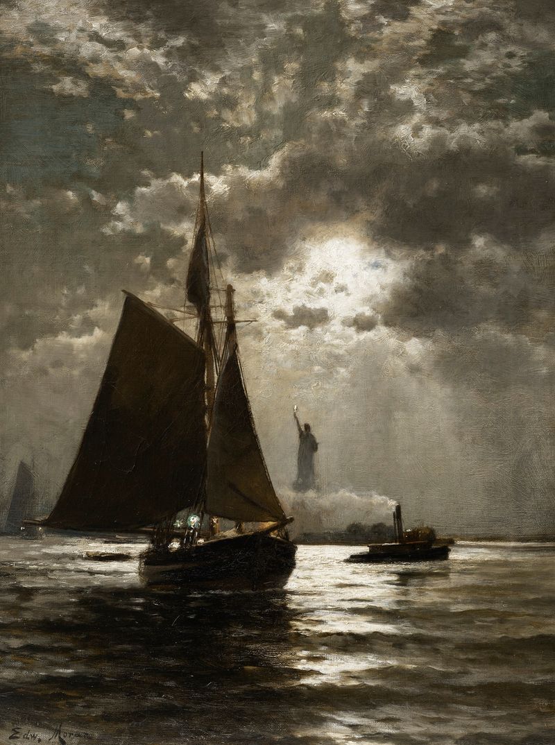 Nightfall Over New York Harbor by Edward Moran, oil painting depicting boats and a skyline at twilight.