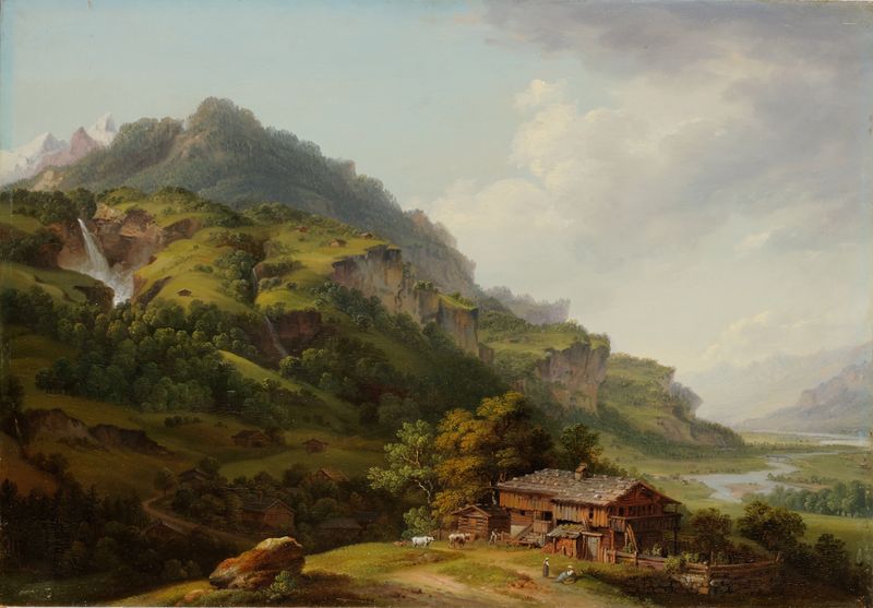 The Oberhasli Valley de Johann Ludwig Aberli, pintura a óleo que retrata uma paisagem exuberante.