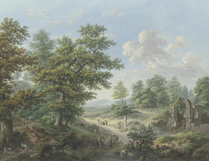 Pintura a óleo de paisagem de Karl Franz Kraul com ruínas e um cavalo
