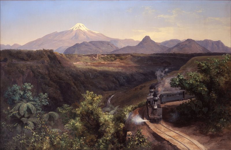 O Ravine Metlac de José María Velasco, pintura a óleo que retrata uma paisagem exuberante com penhascos e folhagem