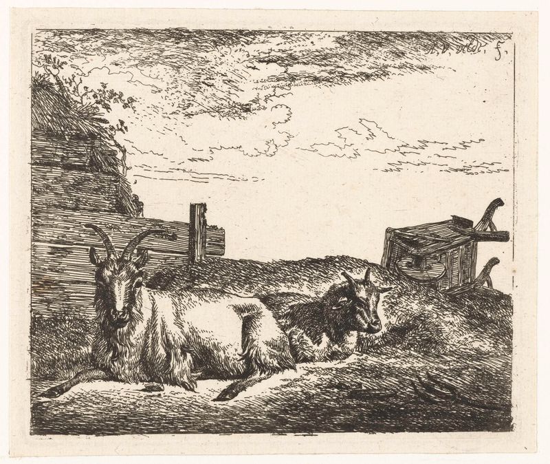 Gravura de Adriaen van de Velde mostrando cabras em uma paisagem pastoral