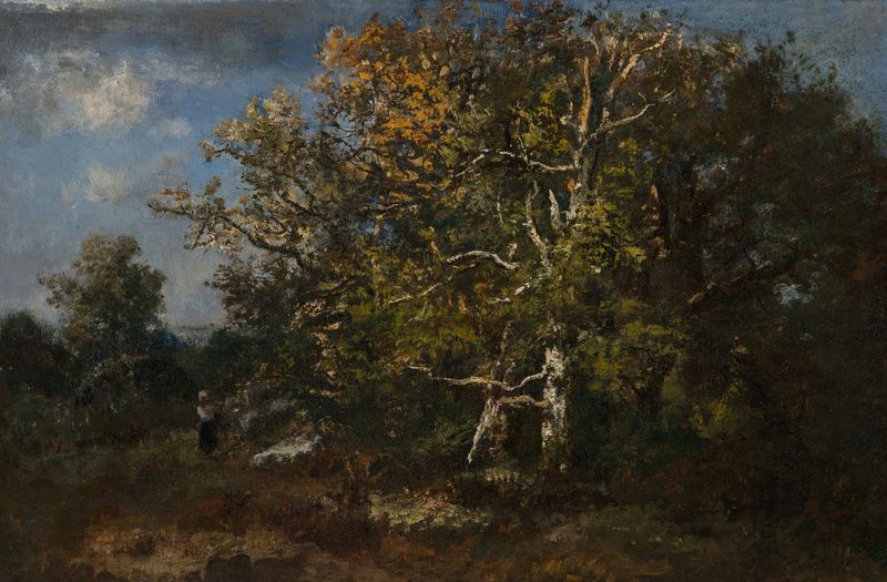 Genre scene depicting a peasant woman in an autumn forest, oil painting by Narcisse-Virgile Diaz de La Peña