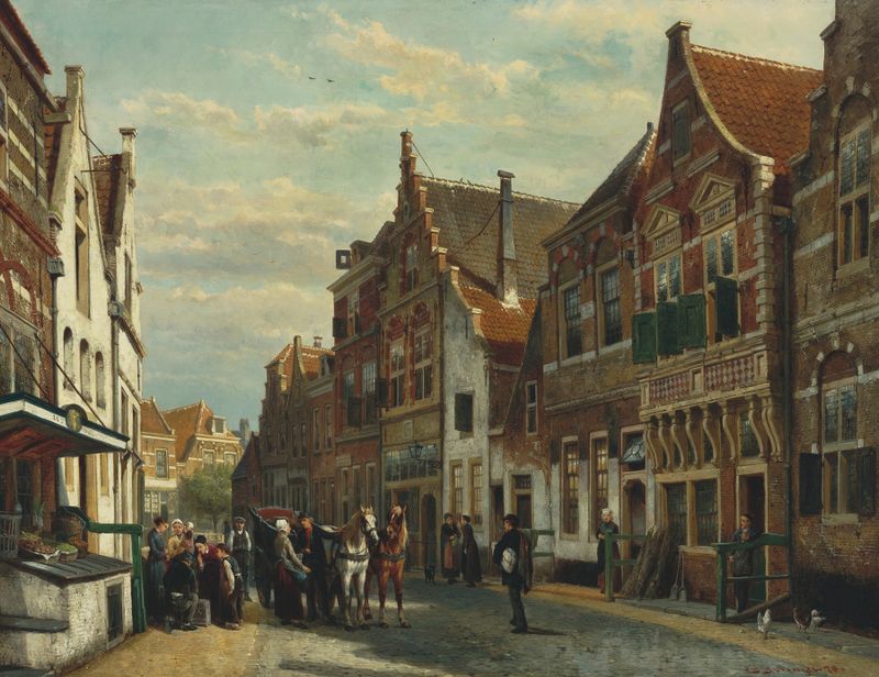 The Wijdstraat, Oudewater, in summer by Cornelis Springer, oil painting of a village scene.