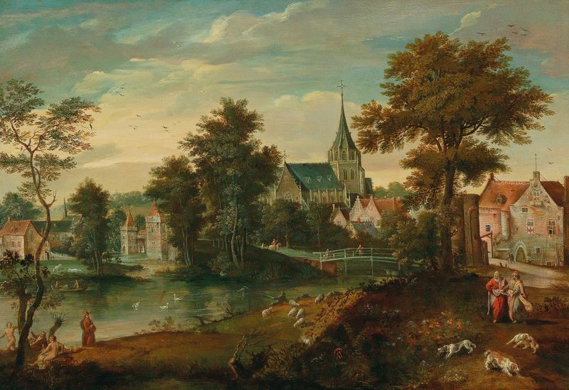 Uma paisagem de rio com dois patriarcas perto de uma cidade, óleo sobre tela de Cornelis Molenaer