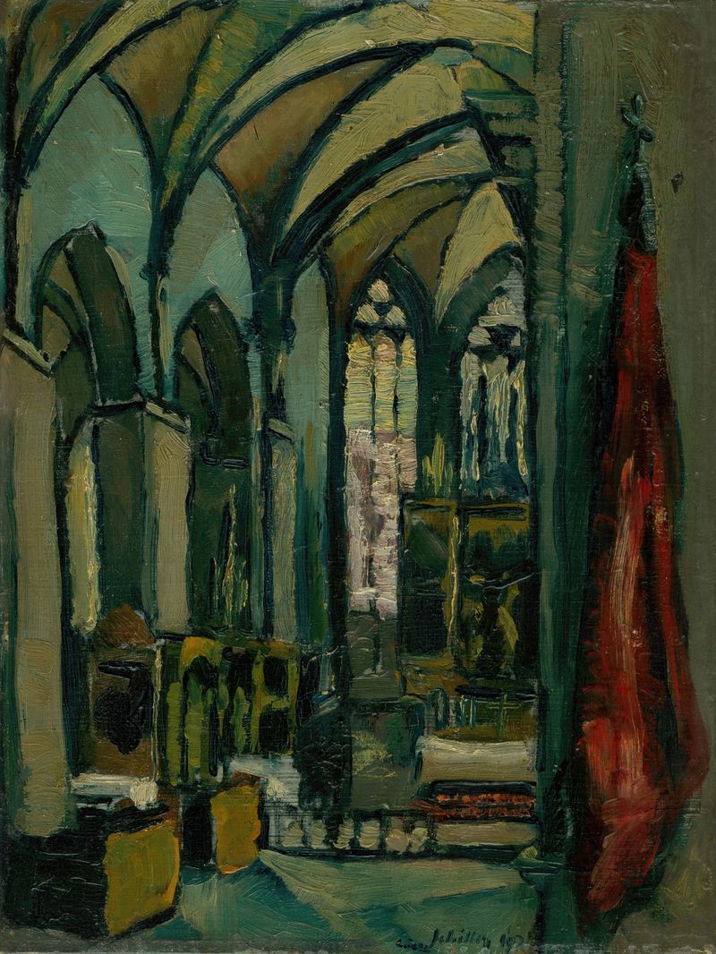Interior de una iglesia con un altar, pintura al óleo de Gejza Schiller