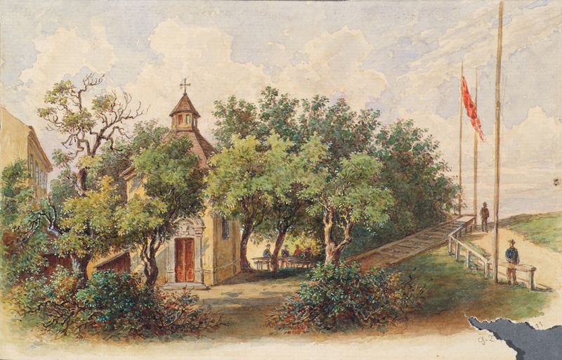 Arquitetura de Die Brigitta-Kapelle em Wien-Brigittenau por Gustav Zafaurek, pintura a óleo