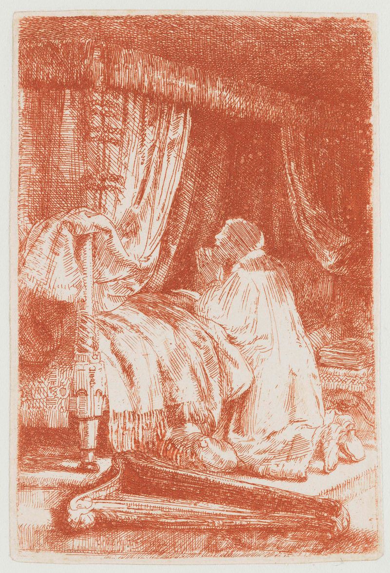 David en oración, grabado de Rembrandt van Rijn, presenta una figura solemne iluminada por luz y sombra.