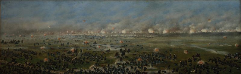 Historical scene depicting soldiers in battle by Cándido Lopez, oil painting