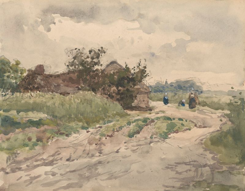 Landscape with figures walking towards a farmhouse, oil on canvas by Julius Jacobus van de Sande Bakhuyzen