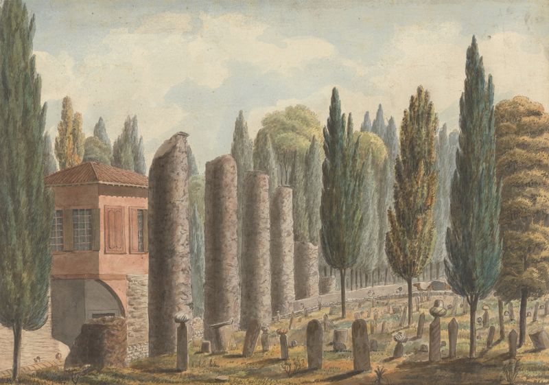 Burial ground with ruined columns and pinetrees, oil painting by Willey Reveley